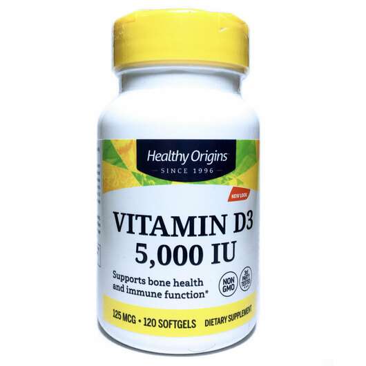 Основне фото товара Healthy Origins, Vitamin D3 5000 IU, Вітамін D3 5000 МО, 120 к...