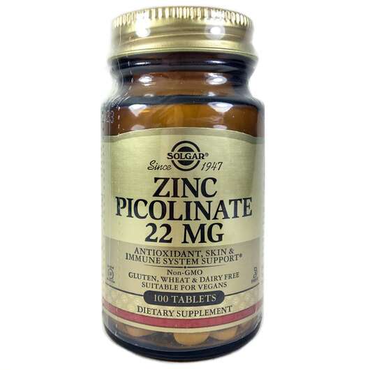 Основное фото товара Solgar, Цинк Пиколинат 22 мг, Zinc Picolinate 22 mg, 100 таблеток