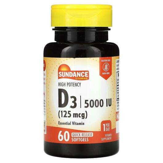 Основне фото товара Sundance Vitamins, High Potency D3 125 mcg 5000 IU, Вітамін D3...