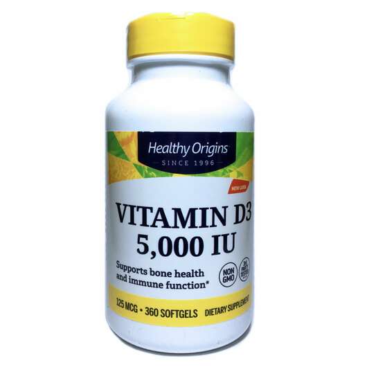 Основне фото товара Healthy Origins, Vitamin D3 5000 IU, Вітамін D3 5000 МО, 360 к...