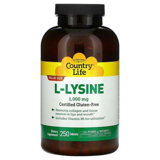 Основное фото товара Country Life, L-Лизин 1000 мг, L-Lysine 1000 mg 250, 250 таблеток