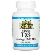 Natural Factors, Витамин D3, Vitamin D3 25 mcg 1000 IU, 180 ка...