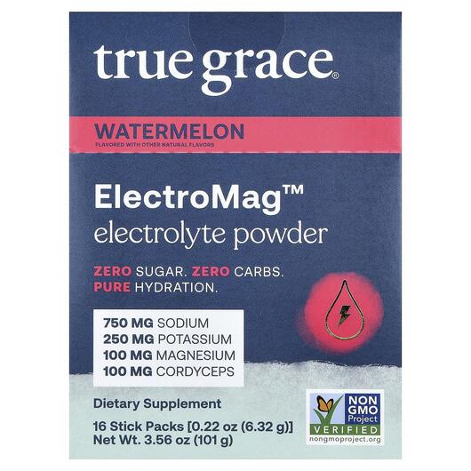 Основне фото товара True Grace, ElectroMag Electrolyte Powder Watermelon, Магній, 16 