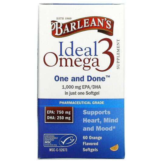 Основне фото товара Barlean's, Ideal Omega 3 Orange 1000 mg, Омега-3, 60 капсул