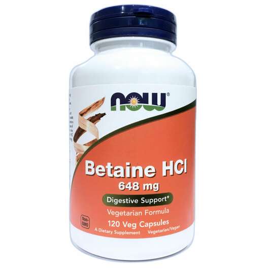 Основне фото товара Now, Betaine HCL 648 mg, Бетаїн 648 мг, 120 капсул