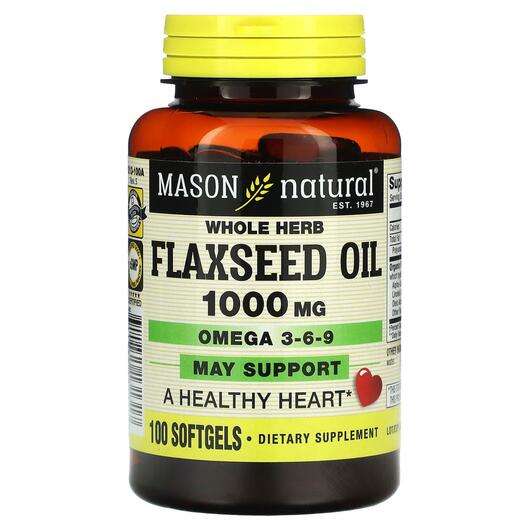 Основное фото товара Mason, Льняное Масло, Whole Herb Flaxseed Oil 1000 mg, 100 капсул