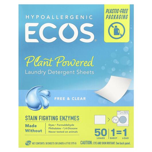 Основное фото товара ECOS Plant Powered Laundry Detergent Sheets Free & Clear Основное фото товара ECOS Plant Powered Laundry Detergent Sheets, Стиральный порошок,
