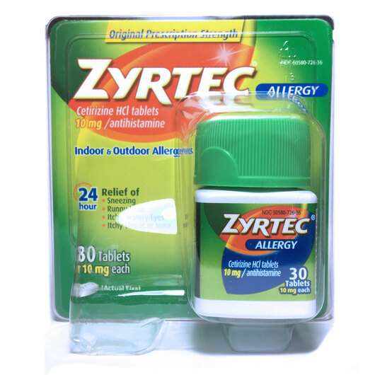 Основне фото товара Zyrtec, Zyrtec Cetirizine HCL Tablets, Цетиризин 10 mg, 30 таб...