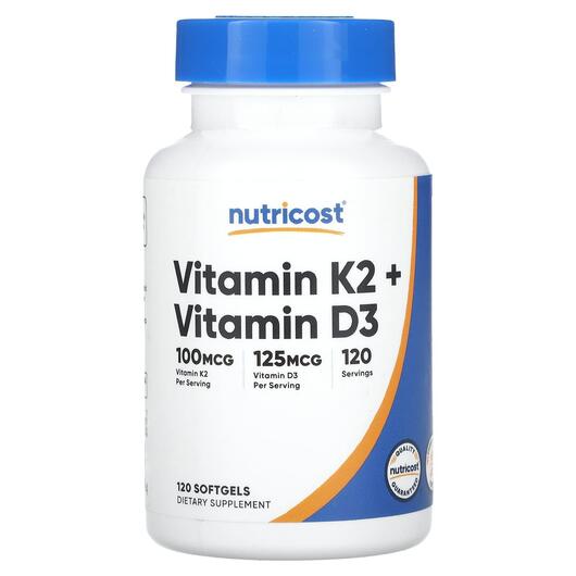 Основне фото товара Vitamin K2 + Vitamin D3 Основне фото товара Nutricost, Vitamin K2 + Vitamin D3, Вітамін K2, 120 капсул