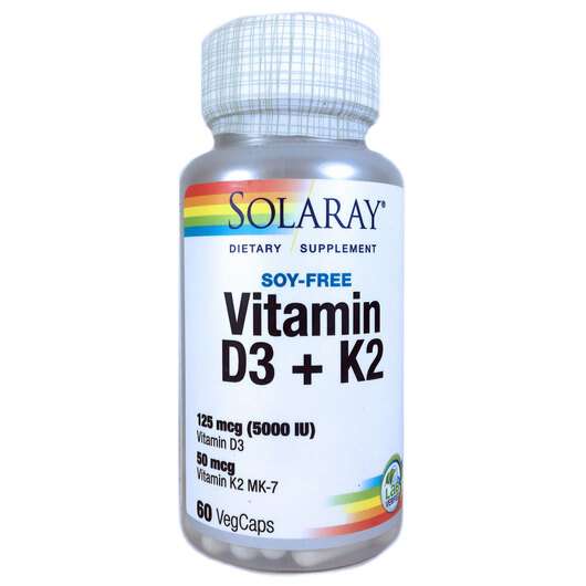 Основне фото товара Solaray, Vitamin D3 + K2, Вітамін D3 + K2, 60 капсул