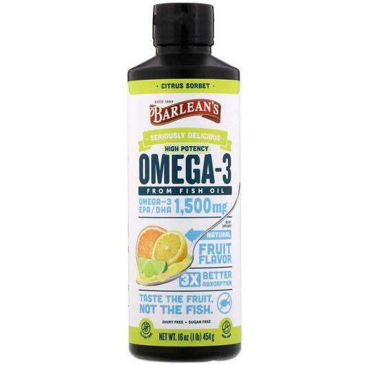 Основне фото товара Barlean's, Seriously Delicious Omega-3 Fish Oil Citrus Sorbet,...
