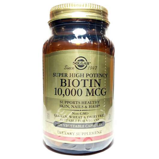 Основне фото товара Solgar, Biotin Super High Potency, Біотин 10000 мкг, 120 капсул