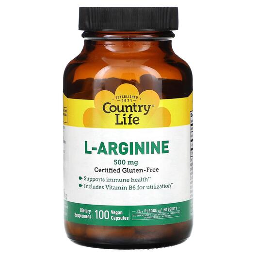 Основне фото товара Country Life, L-Arginine Caps 500 mg, L-Аргінін, 100 капсул