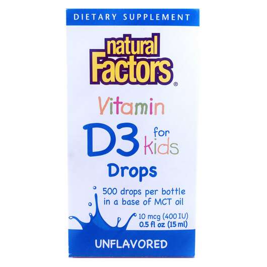 Основне фото товара Natural Factors, Vitamin D3 Drops 400 IU, Вітамін D3 400 МО, 1...