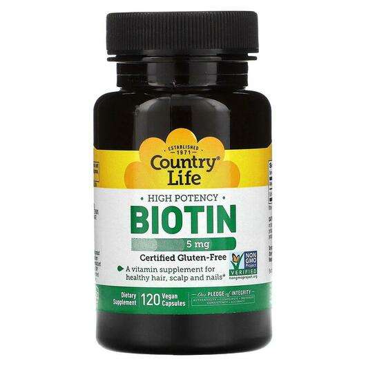 Основное фото товара Country Life, Биотин 5000 мкг, Biotin 5 mg, 120 капсул