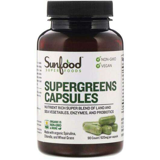 Основне фото товара Sunfood, Supergreens 620 mg 90, Суперфуд, 90 капсул