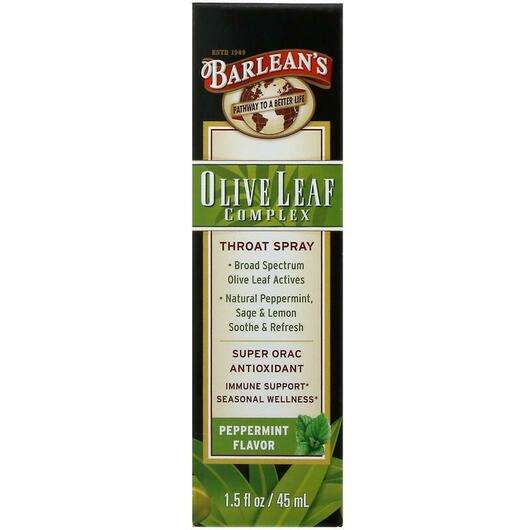 Основне фото товара Barlean's, Olive Leaf Complex Throat Spray Peppermint, Спрей д...