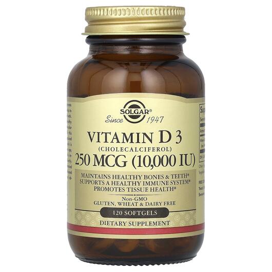 Основне фото товара Vitamin D3 Cholecalciferol 10 000 IU Основне фото товара Solgar, Vitamin D3 Cholecalciferol 10 000 IU, Вітамін D3, 120 кап