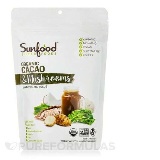 Основне фото товара Sunfood, Cacao + Mushrooms Organic, Гриби, 210 г