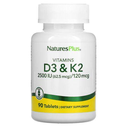 Основне фото товара Natures Plus, Vitamins D3 & K2, Вітаміни D3 & K2, 90 к...