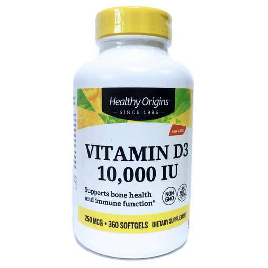 Основне фото товара Healthy Origins, Vitamin D3 10000 IU, Вітамін D3 10000 МО, 360...