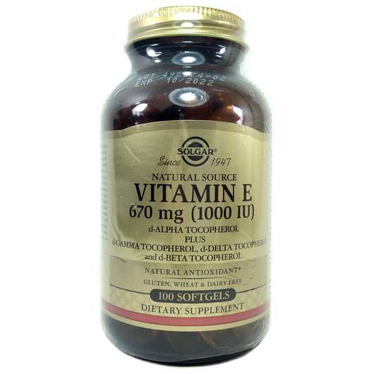 Основне фото товара Solgar, Natural Vitamin E 1000 IU, Вітамін Е 1000 МО, 100 капсул
