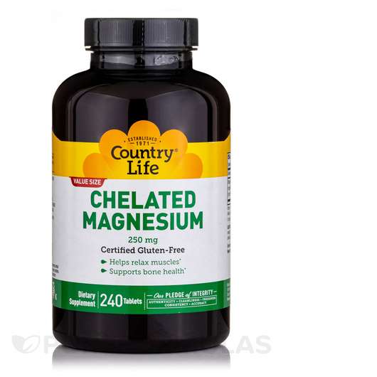 Основное фото товара Country Life, Хелатный Магний, Chelated Magnesium 250 mg, 240 ...