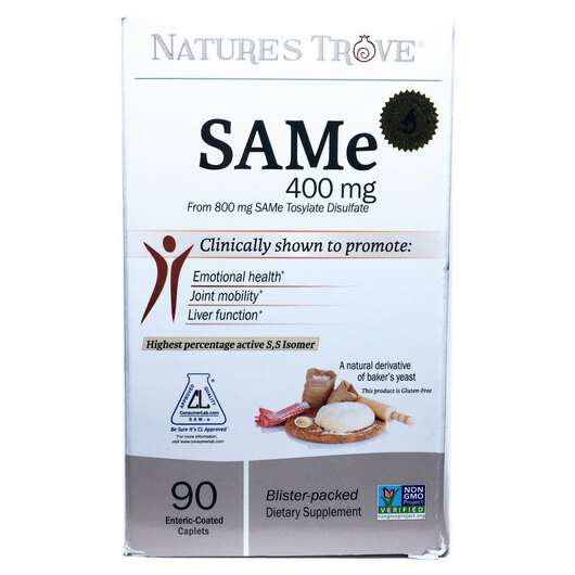 Основне фото товара Nature's Trove, SAM-e 400 mg, S-аденозил-L-метионін 400 мг, 90...