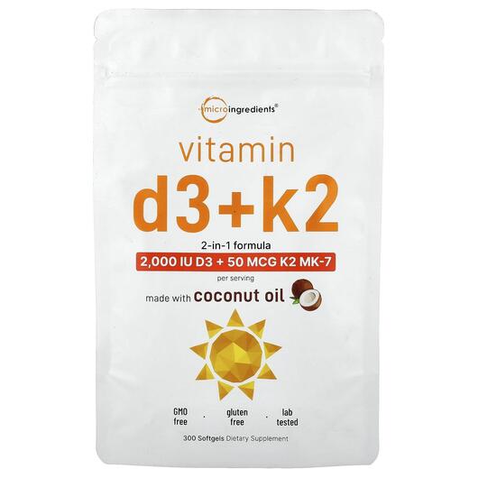 Основне фото товара Micro Ingredients, Vitamin D3 + K2, Вітаміни D3 K2, 300 капсул