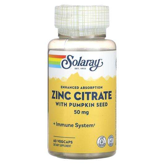 Основне фото товара Solaray, Zinc Citrate 50 mg, Цинк та Гарбузове насіння, 60 капсул