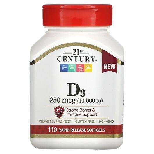 Основне фото товара 21st Century, Vitamin D3 250 mcg 10000 IU, Вітамін D3, 110 капсул
