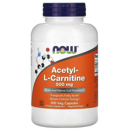 Основне фото товара Now, Acetyl-L-Carnitine, Ацетил-L-карнітин 500 мг, 200 капсул