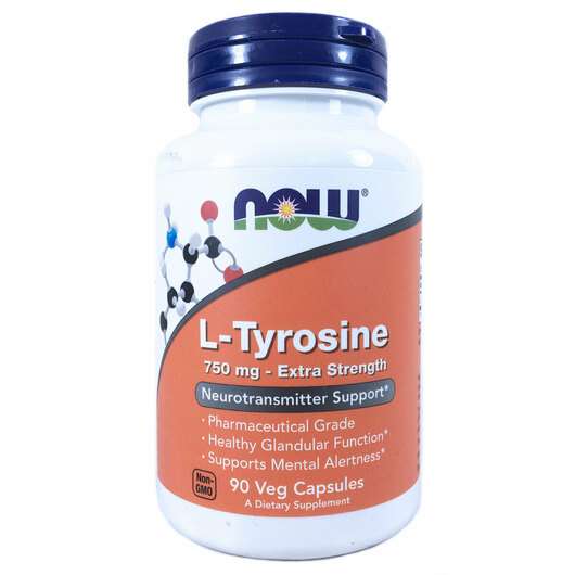 Основне фото товара Now, L-Tyrosine 750 mg, L-тирозин Екстра Сила 750 мг, 90 капсул