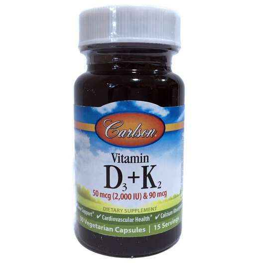 Основне фото товара Carlson, Vitamin D3 + K2 50 mcg & 90 mcg, Вітаміни D3 K2, ...